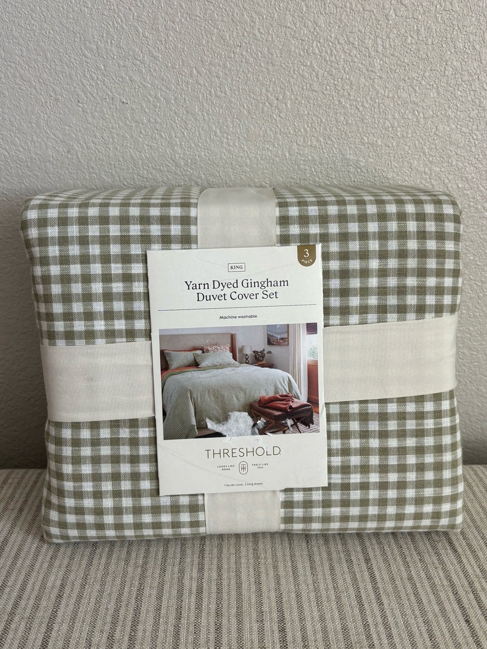 NWT King Mini Gingham Duvet and Sham Set Moss Green - Threshold